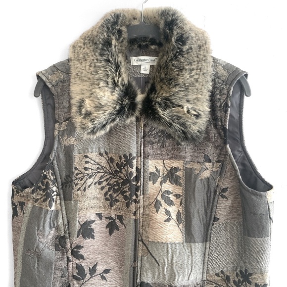 Coldwater Creek Tapestry Patchwork Gray Vest Removable Faux Fur Collar Large NWT - Picture 2 of 13